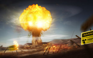 An image of a nuclear bomb explosion, illustrating the destruction and radiation exposure caused by the event.